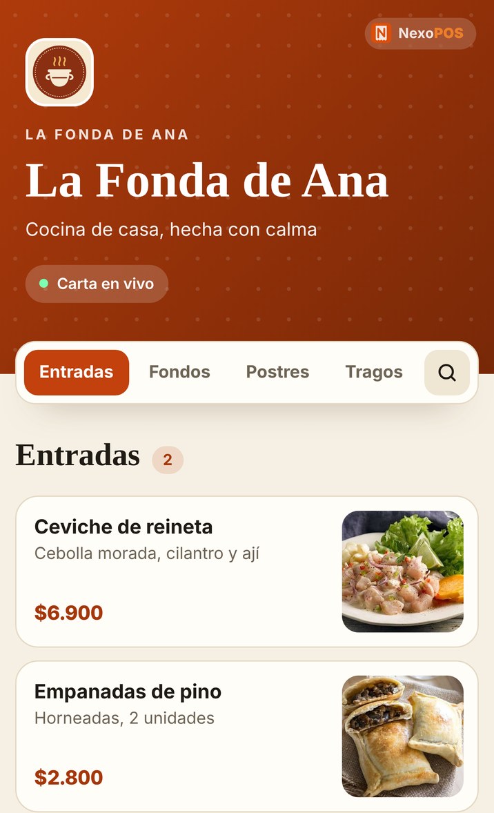 Carta digital en diseño clásico, con foto a la derecha de cada plato