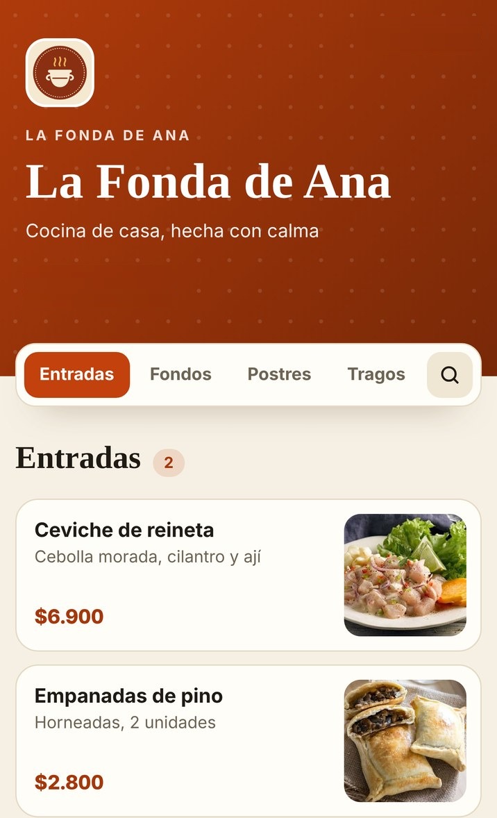 Carta digital en diseño clásico, con foto a la derecha de cada plato