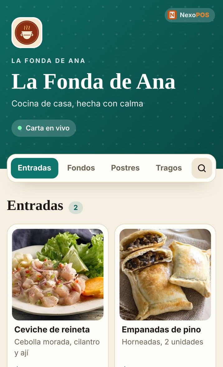 Carta digital con fotos grandes de ceviche y empanadas