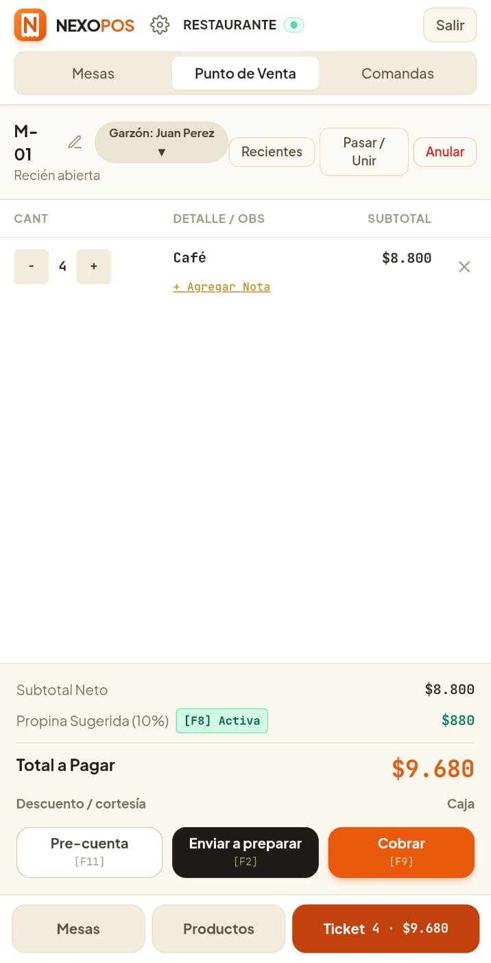 El mismo sistema en un celular: ticket de una mesa con el pedido