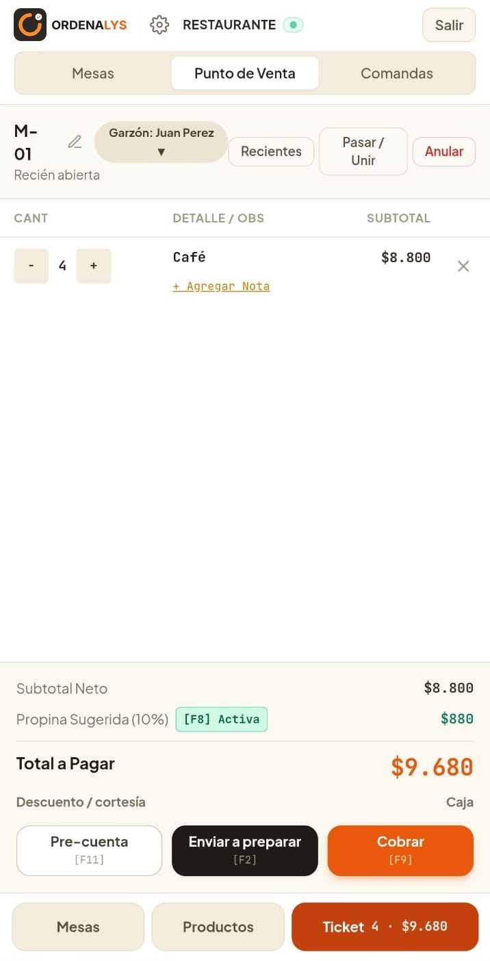 El mismo sistema en un celular: ticket de una mesa con el pedido