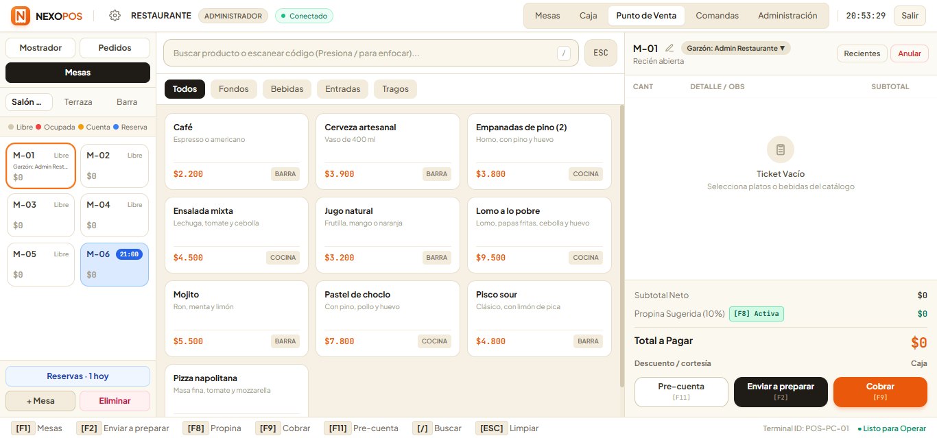 Punto de venta de NexoPOS con la carta de un restaurante y el ticket de una mesa