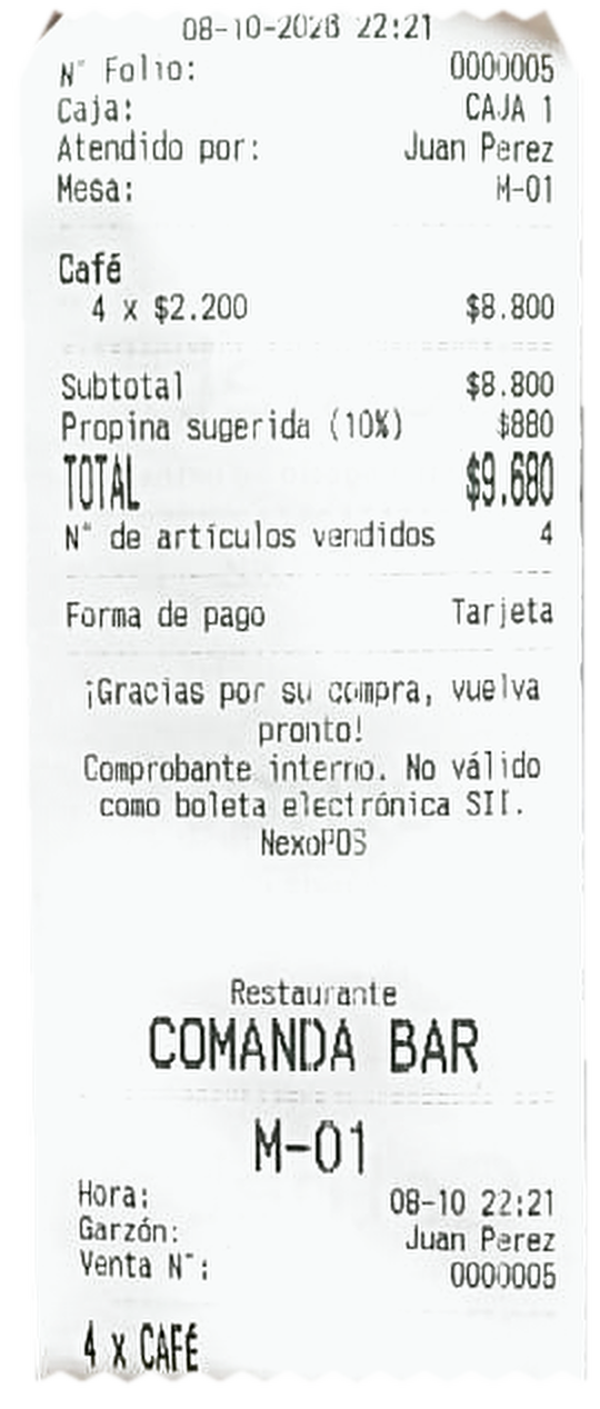 Recibo de venta y comanda de bar impresos en una impresora térmica